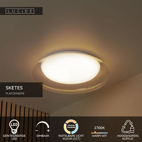Lucide SKETES - Plafonnière - Ø 45,7 cm - LED Dimb. - CCT - 1x24W 2700K/4000K - Transparant - USP